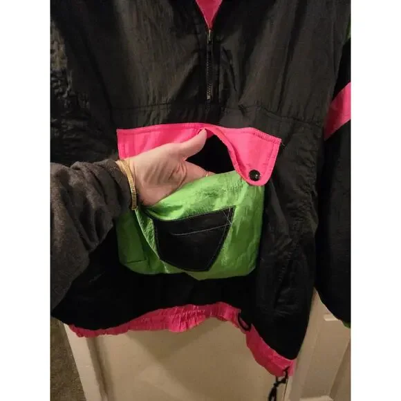Vintage 1980s East West Ski Jacket Puffer Nylon Sport Neon Green Pink Slopes L